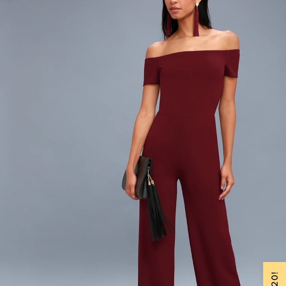 Lulus Off the shoulder burgundy jumpsuit